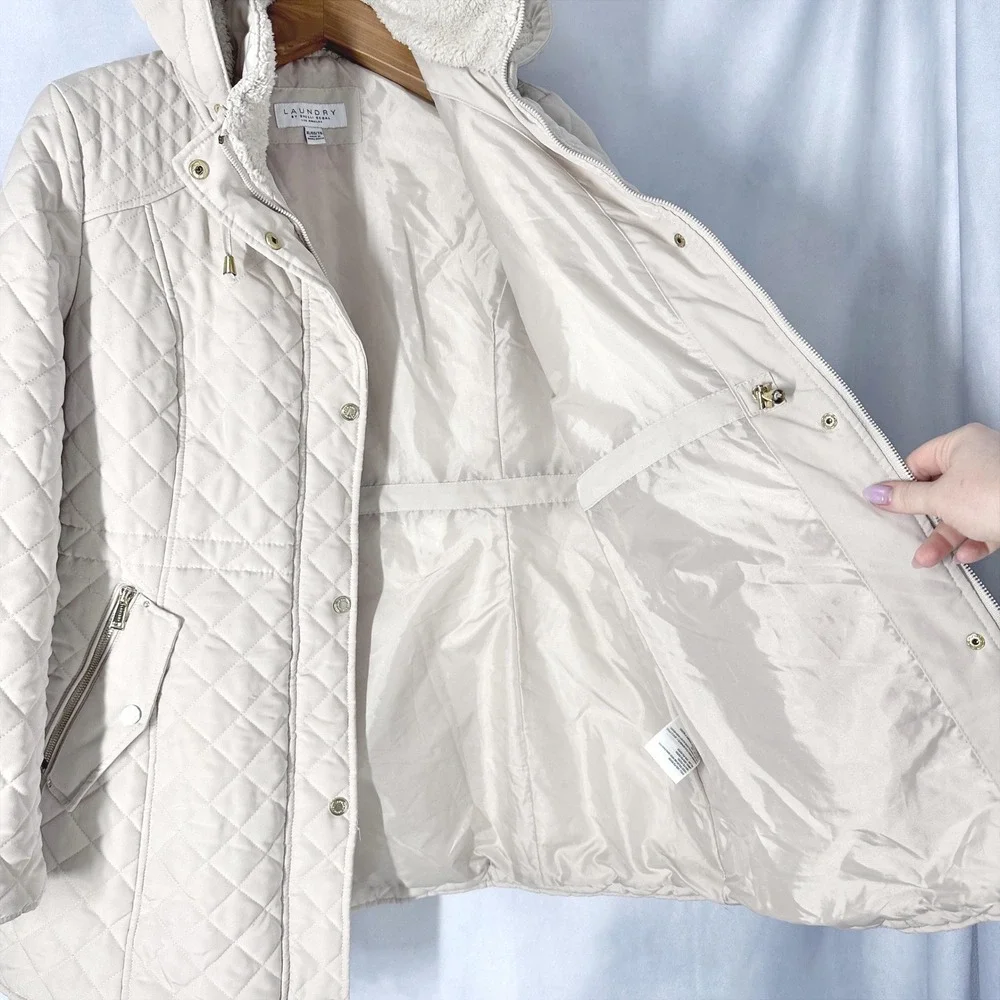 Laundry by Shelli Segal Cream Quilted Hooded Mid-Length Jacket Women's Size XL